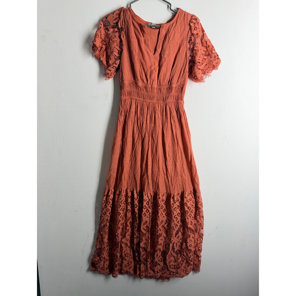 J GEE Terracotta Rust Lace Midi Dress Small Smock Waist Boho Cottagecore V-Neck